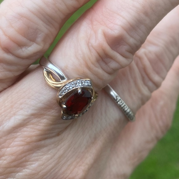 Genuine Garnet and white topaz ring .925 Sterling Silver 18k gold accent - Picture 3 of 15